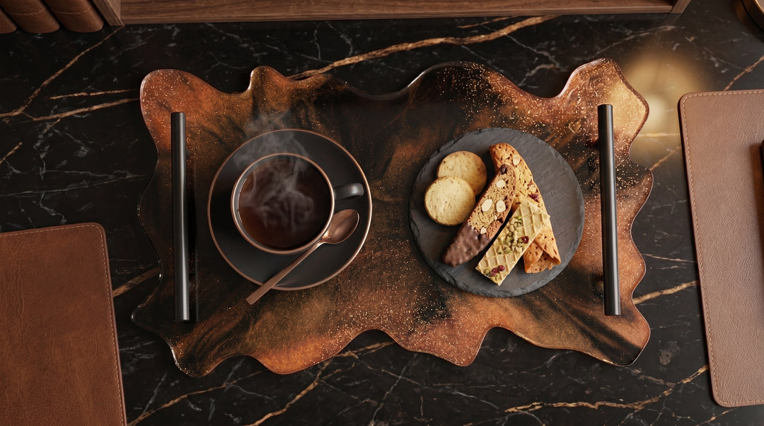 Handcrafted Black & Copper Metallic Epoxy Resin Serving Tray with Metal Handles