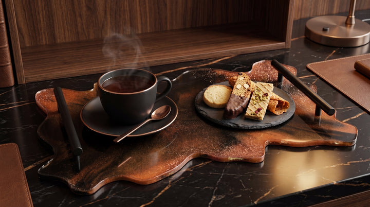 Handcrafted Black & Copper Metallic Epoxy Resin Serving Tray with Metal Handles