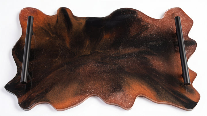 Handcrafted Black & Copper Metallic Epoxy Resin Serving Tray with Metal Handles