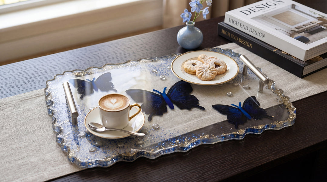 Blue Butterfly Epoxy Resin Serving Tray with Silver Handles