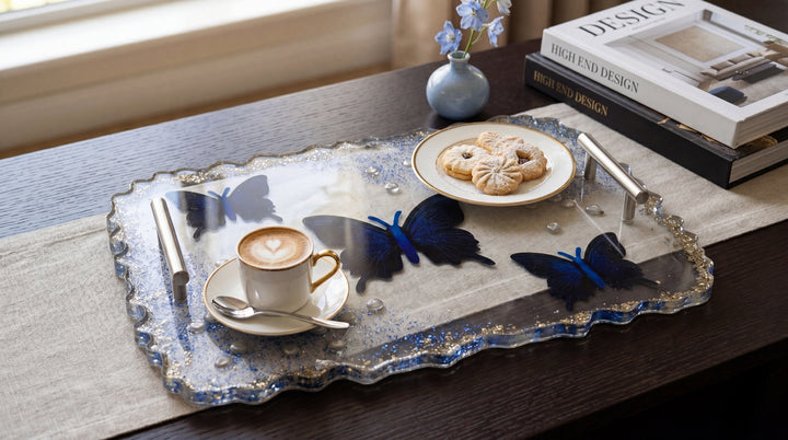 Blue Butterfly Epoxy Resin Serving Tray with Silver Handles