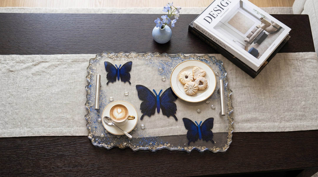 Blue Butterfly Epoxy Resin Serving Tray with Silver Handles