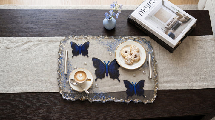Blue Butterfly Epoxy Resin Serving Tray with Silver Handles
