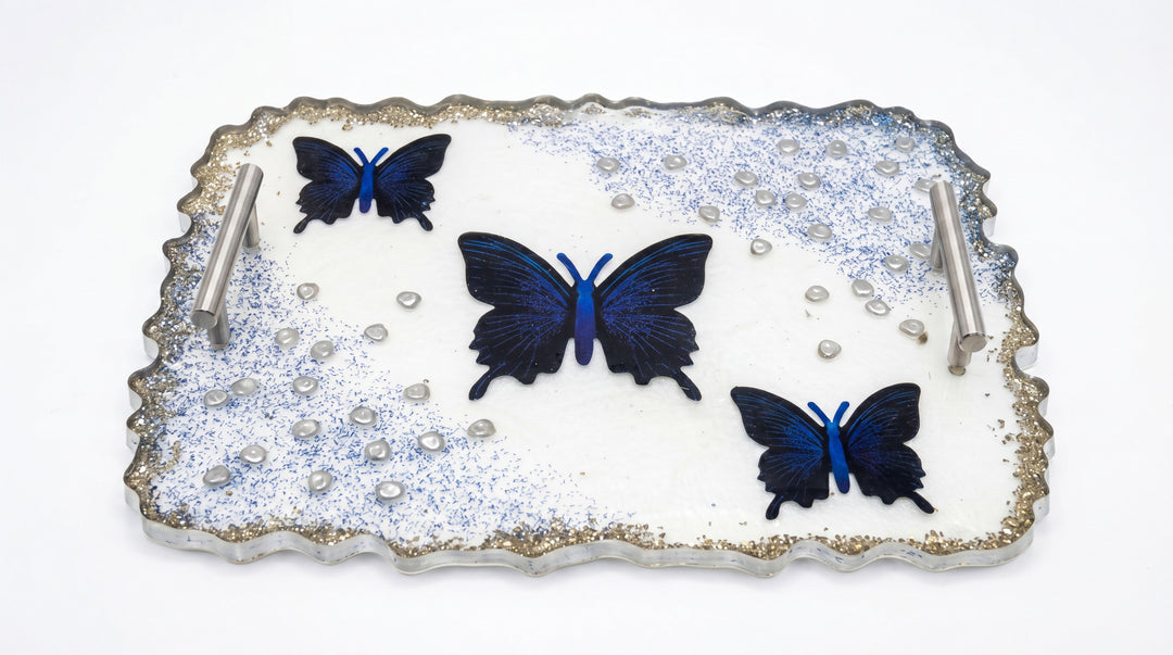 Blue Butterfly Epoxy Resin Serving Tray with Silver Handles