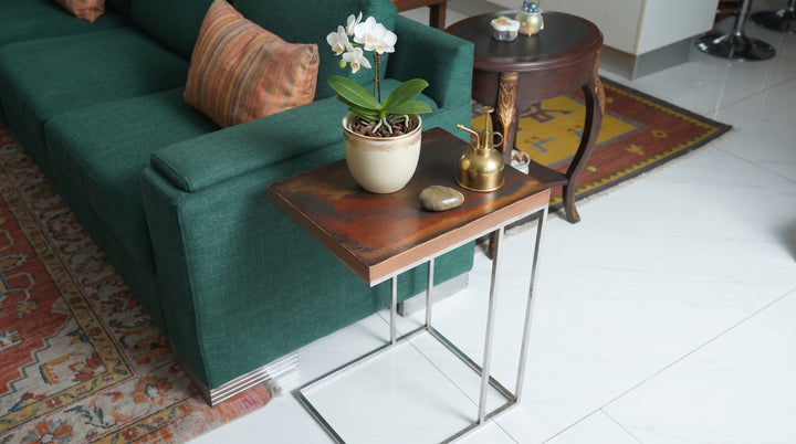 Handcrafted Copper & Bronze Epoxy Resin C-Shaped Side Table with Stainless Steel Base