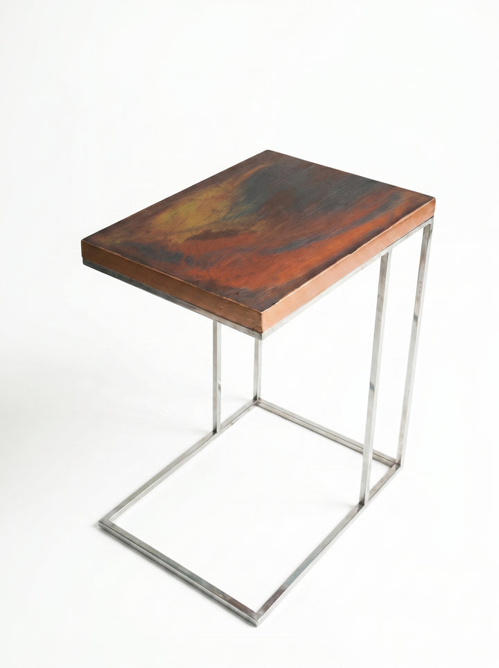 Handcrafted Copper & Bronze Epoxy Resin C-Shaped Side Table with Stainless Steel Base